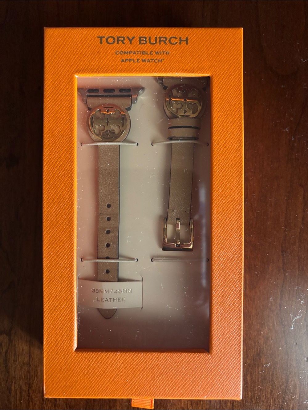 Tory Burch Brown Leather Apple Watch Band with Gold Logo Medallions